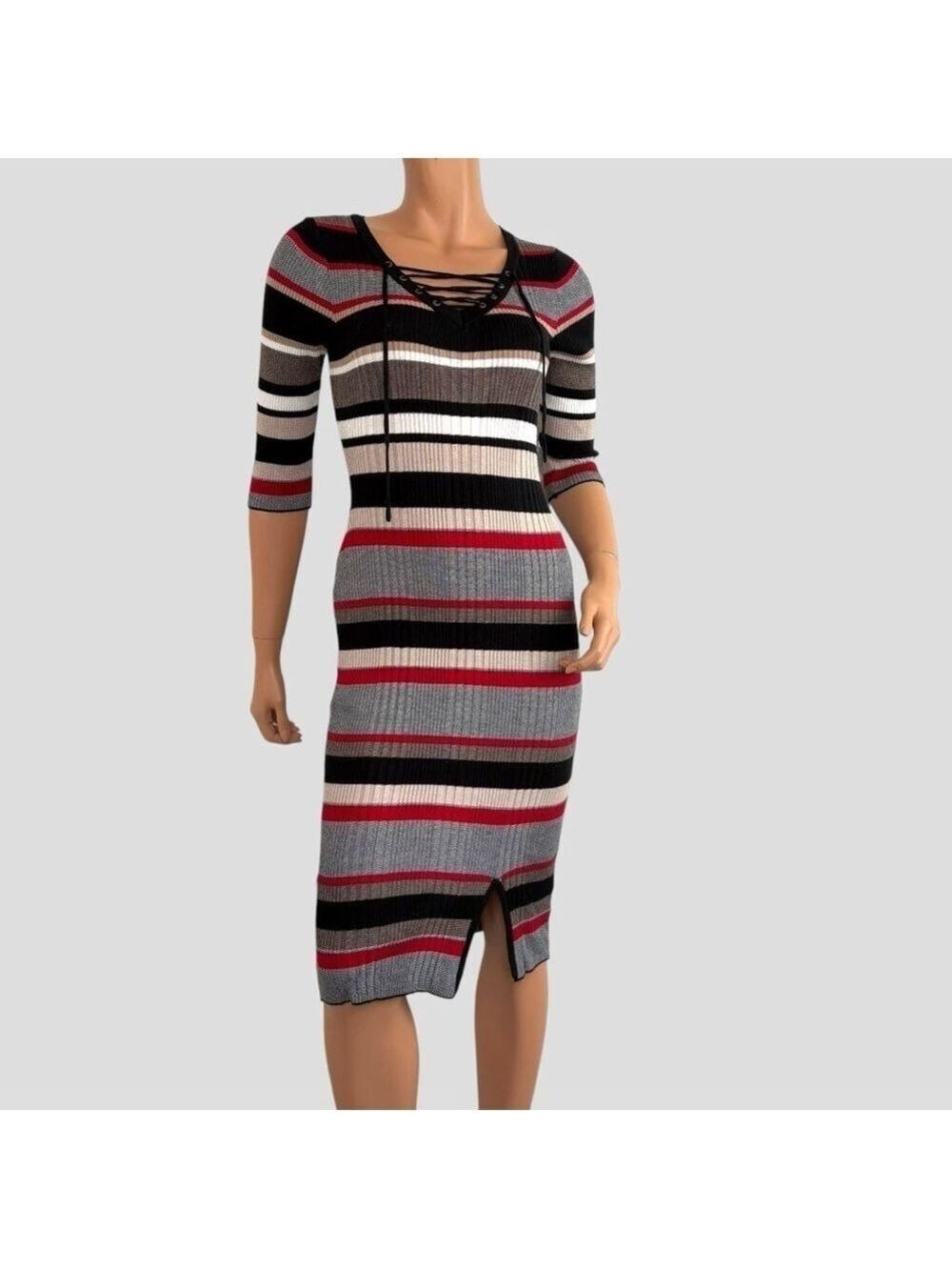 Pink Rose Women’s Rib Knit Midi Dress Lace-up Striped Stretchy Sz S/P Y2K Indie - Picture 3 of 10
